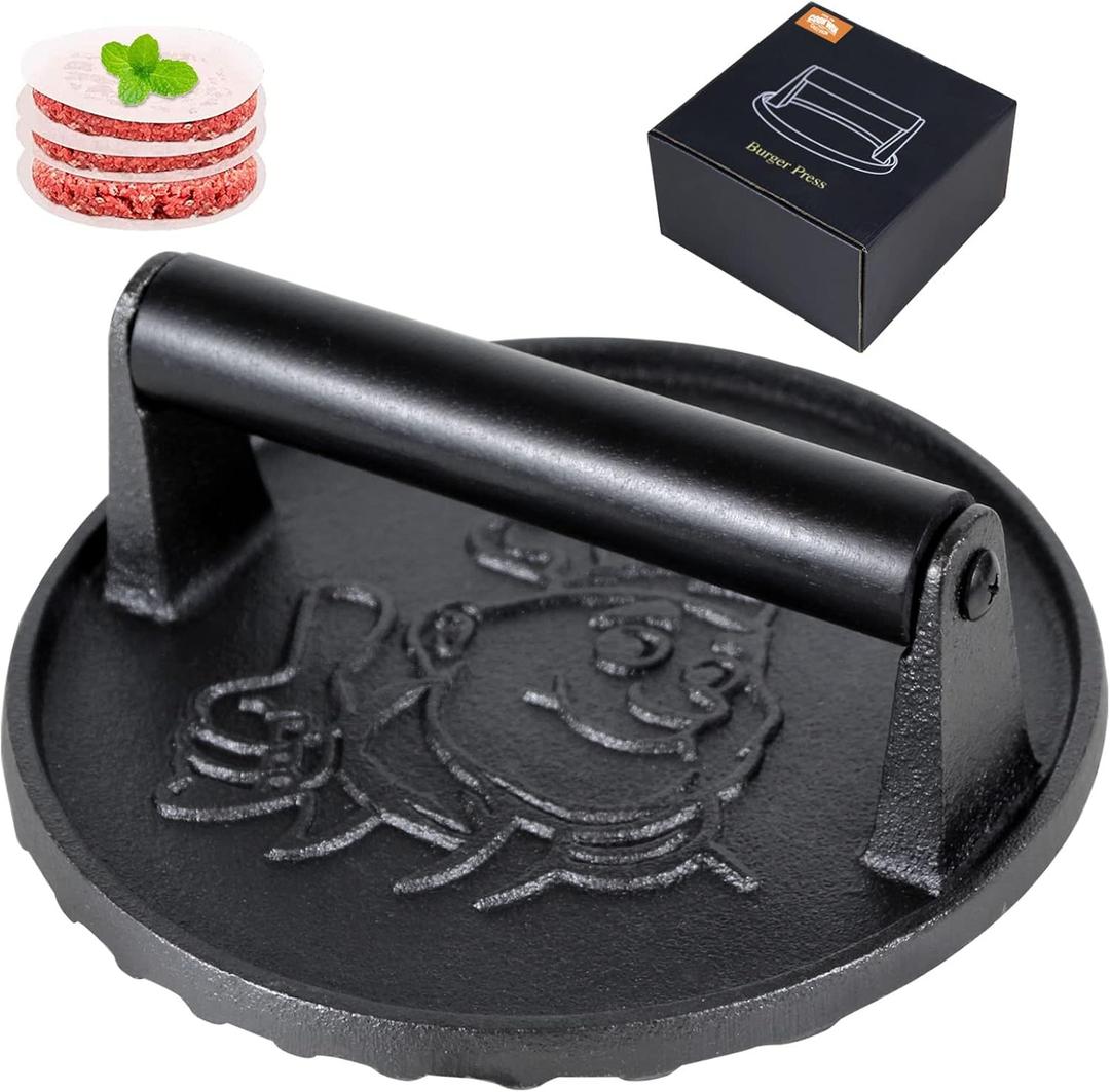 Burger Press-Heavy Duty Smash Burger Press with Heat Insulation Handle-7 Inch Cast Iron Burger Smasher,Bacon Press,Sandwich Press-Round Hamburger Press for Griddle-50 PC Patty Paper for Burger make