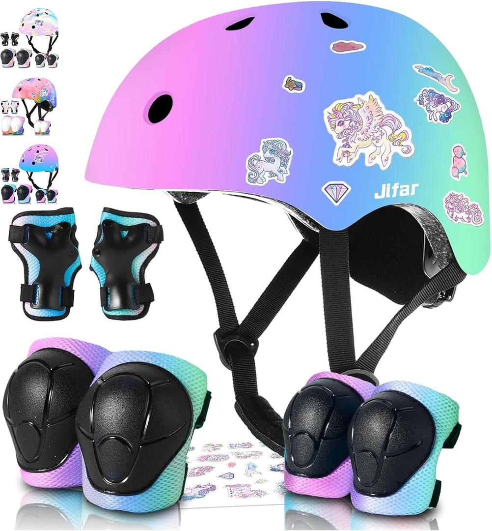 Kids Bike Helmet and Pad Set for Girls Boys Ages 2-3-5-8-14, Adjustable Toddler Youth Helmet with Knee & Elbow Pads for Bicycle, Skating, Scooter - Multiple Bright Color Options. S Size