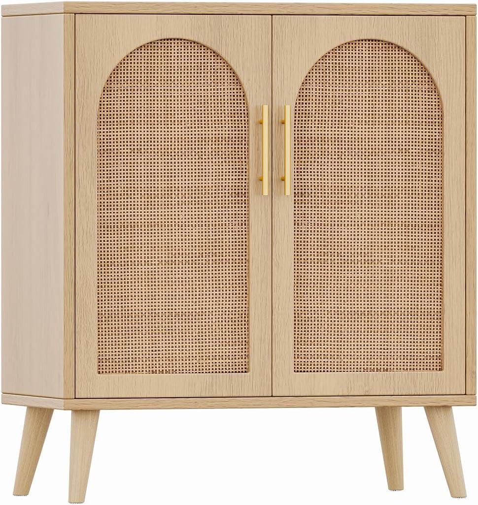 Rovaurx Rattan Storage Cabinet with Doors, Modern Accent Bathroom Floor Cabinet, Sideboard Buffet for Living Room, Entryway, Dining Room and Kitchen, Natural BMGZ108M (29.5"L)