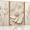 UZXTFQU 3Pcs Neutral Beige Floral Plant Poster Wall art Textured Flower Botanical Painting Picture Wall Decor Vintage Blossom Prints for Living Room Bedroom Bathroom Decor Unframed