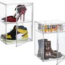 XXX-Large Clear Acrylic Display Case Boot Shoe Storage Boxes With An Adjustable Divider,2 Pack 2 Tiers Clear Plastic Stackable Storage Bins With Lids Big Display Acrylic Box With Magnetic Door