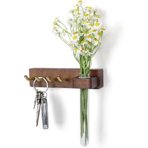 Key Holder Wall Mount, Solid Wood Key Holder for Wall with Planter Tube & 4 Brass Hooks, Decorative Renter-Friendly Wall Key Rack Hanger for Entryway Kitchen Living Room Car Keys