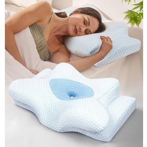 Dream Without Pain Cervical Neck Pillow for Sleeping, Ergonomic Side Sleeper Pillows for Adults, Cooling Orthopedic Pillow for Neck Relief Support, Memory Foam Pillows Back Stomach Sleepers (Standard, Blue)
