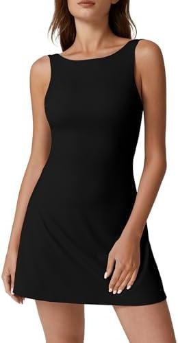 QINSEN Womens Open Back Tennis Dress Sleeveless Built in Shorts Golf Athletic Dress with Pockets L