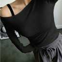 QJQ Women's Sheer Mesh Off The Shoulder Tops Long Sleeve See Through Shirts Going Out Party Club Outfits (Black, XXL)