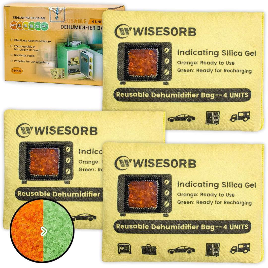Wisesorb 3 Pack 120g Rechargeable Silica Gel Desiccant Packets, Reusable Desiccant Packs for Storage, Moisture Absorbers Color Indicating for Suitcase, Storage Bins, Safe, 3D Filaments, Emoisture, Cars