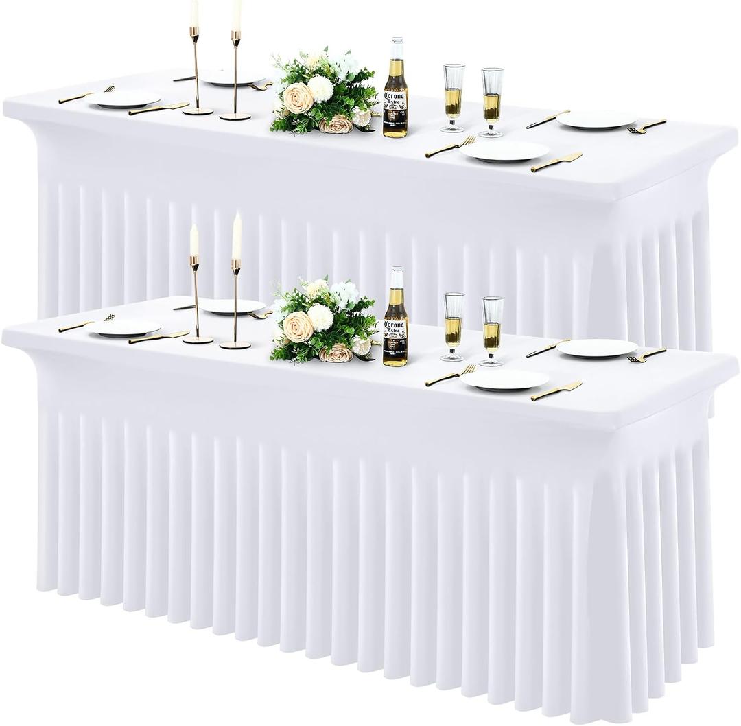 Moosfor Spandex Fitted 6FT Rectangle Tablecloth 2 Pack, Elastic Stretch Wrinkle Resistant Table Skirt, Washable Reusable Table Cover for Wedding, Banquet, Party, Events (White, 72Lx30Wx30H Inch)