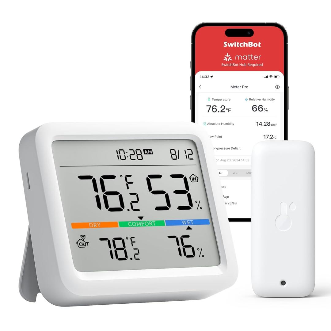 SwitchBot Meter Pro, Digital Hygrometer & Thermometer - Wireless Indoor Temperature & Humidity Monitor with Bluetooth App Control, Real-Time Alerts (1, Meter Pro+Outdoor Meter)