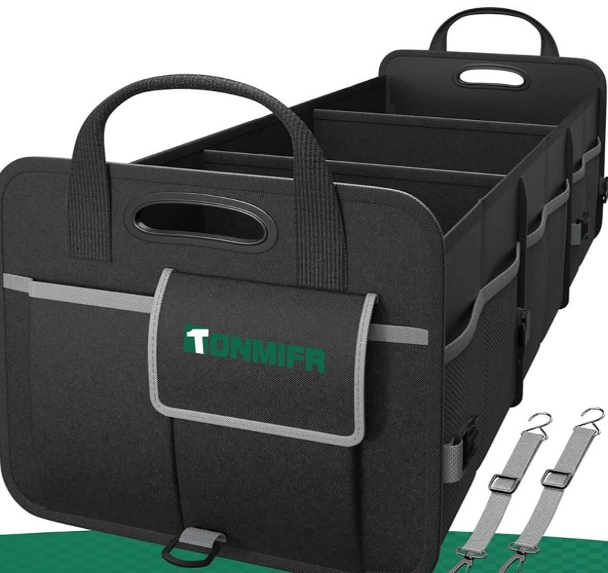 Heavy-Duty Trunk Organizer & Multi-Compartment Storage Box for SUV/Sedan/Minivan,600D Waterproof Oxford,2 Securing Hooks & Reflective Strips-Large Capacity Organiser (Large)
