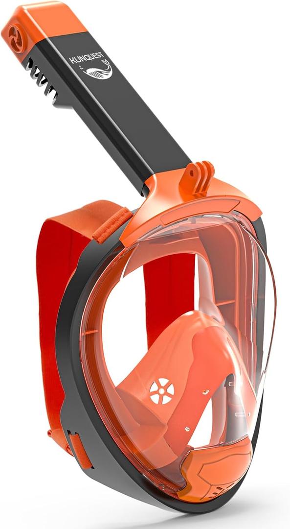KUNQUEST HD Full Face Snorkel Mask, Snorkeling Gear for Adults with 180 Anti-Fog HD View and Detachable Camera Mount, Anti-Leak Snorkel Mask Adult Youth (Large-X-Large, Orange)