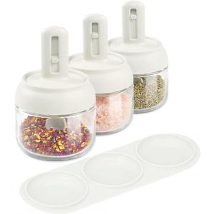 Povinmos 3 Piece Glass Salt Container | Storage | Pepper,Table Salt, Sugar,Gourmet Salts,Spice |Chili Herbs |10 oz |Glass Salt Container with Lid and Retractable Spoon