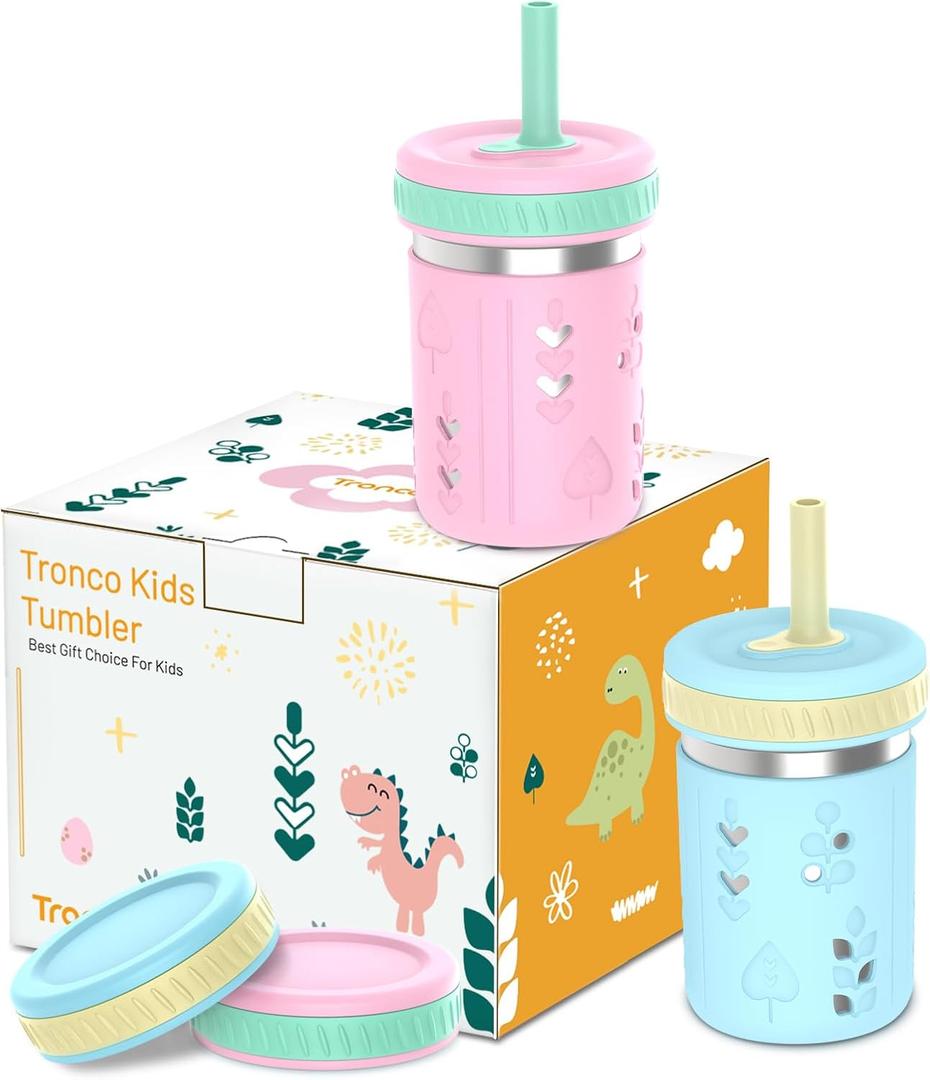 Tronco [2 Pack] 10 oz 2-in-1 Stainless Steel Kids Tumbler Cups with Silicone Sleeves, Spill-Resistant Flexible Straws & Storage Lids, BPA-Free Smoothie and Snack Cups, Dishwasher Safe (Peach Pink/Sky Blue)