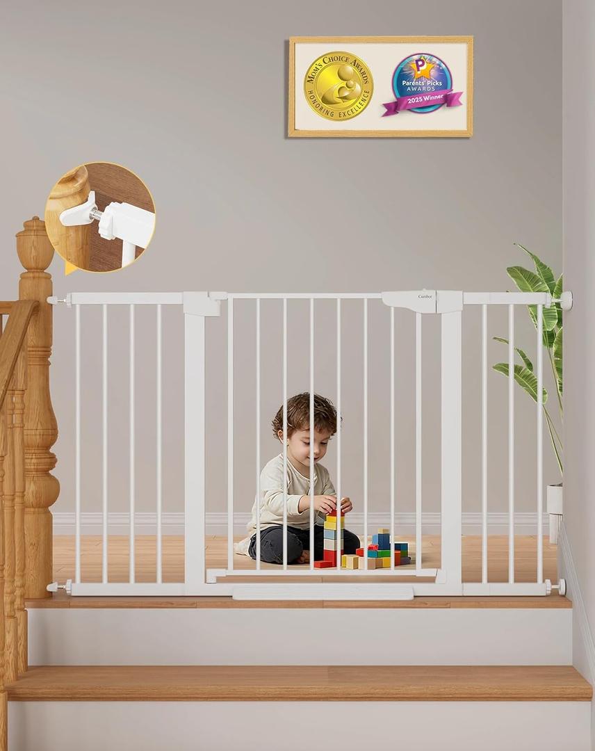 Cumbor 29.7"51.5" Extra Wide Baby Gate for Stairs, Pressure-Mounted Dog Gates for Doorways & Hallways, Auto-Close Walk-Through, No-Trip Design, Child Proof Safety, Dog/Pet Gate for Indoor Use, White