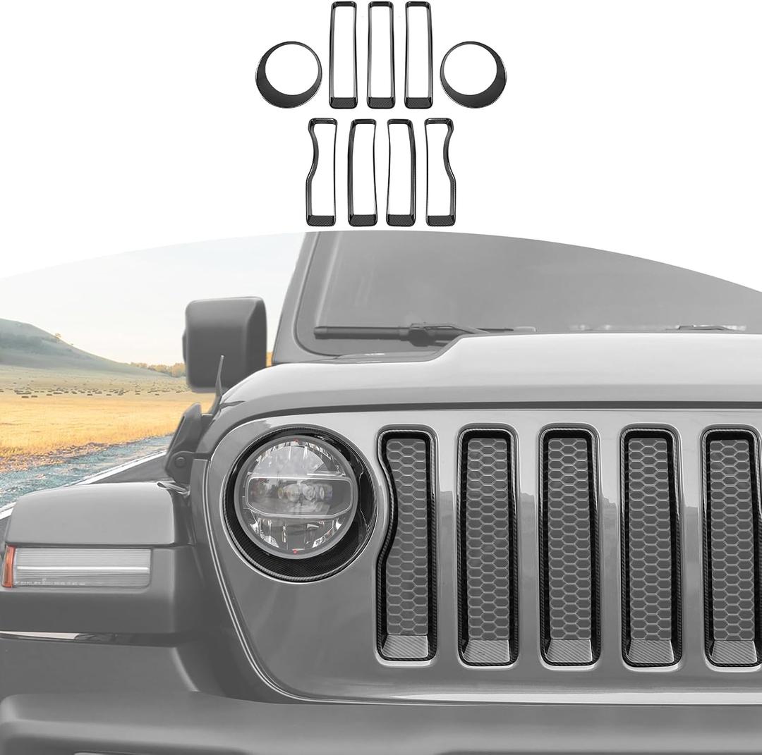 RTTCZ for Wrangler JL Mesh Front Grille Grill Insert Headlight Light Cover Trim for Jeep Wrangler JL JLU 20182022 Carbon Fiber Exterior Accessories 9pcs