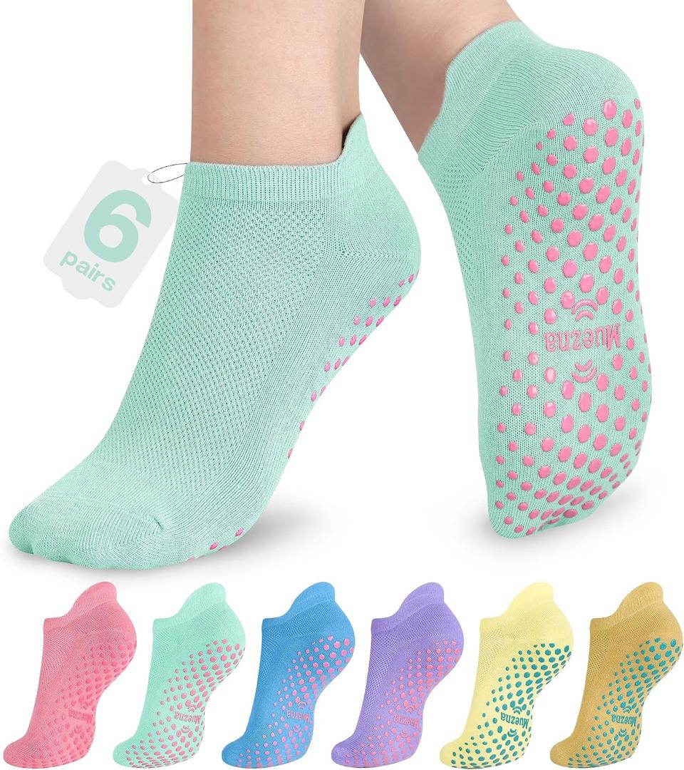Muezna 6 Pairs Pilates Grip Socks for Women, Non Slip Yoga Socks with Grips, Grippy Socks for Barre, and Hospital (Blue), M
