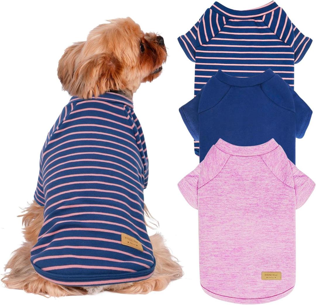 KYEESE 3Pack Dog Sweater, Soft Puppy Sweatshirt Pullover Stretchy Dog Sweater for Small Dogs Girl Boy, Lightweight Fleece Cat Shirt Pet Clothes with Sleeves, M (Medium (8.5-13lbs), 06# 3Pack(Pink+Blue+Stripe))