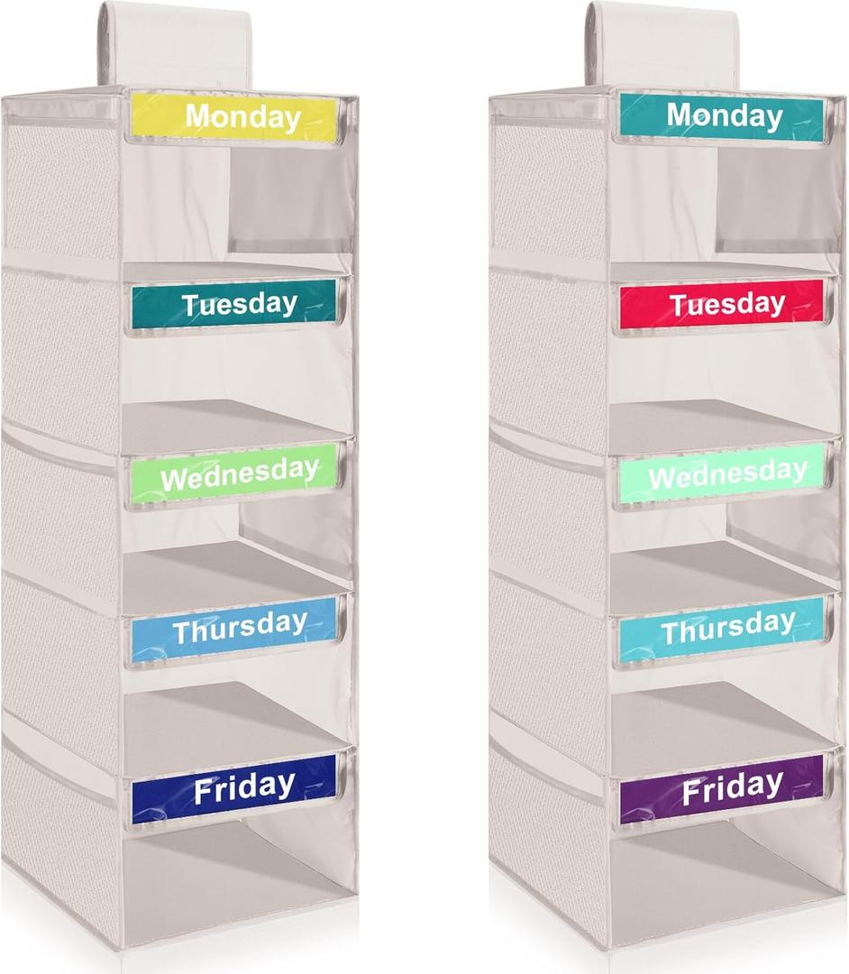 2 Pack Weekly Clothes Organizer for Kids Shelf Hanging Closet Organizer Dividers Collapsible Hanging Closet Dorm Bedroom Essential for Clothes Sweater Baseball Hat(Beige)