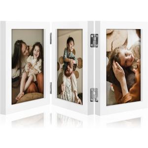 decorUhome Triple 4x6 Picture Frame Vertical, Engineered Wood Trifold Photo Frame with Plexiglass for Tabletop Display, 4x6, White