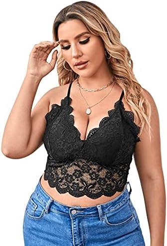 SOLY HUX Women's Plus Size Sexy Floral Lace Scalloped Trim Wireless Bra Adjustable Strap V Neck Everyday Bralette, Black, 3XL