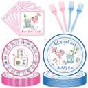 96 Pcs Mahjong Party Supplies, Lets Get Our Mahj On Plates Napkins Forks for 24 Guests, Bam Dot Crack Pink Blue Tableware Set for Mah Jongg Game Night Birthday