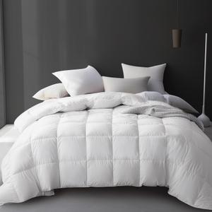 Hotel Grand Luxury White Goose Feather Down Fiber Comforter Full Queen Size, 100% Cotton All Season Duvet Insert Queen, Medium Warmth Bedding Comforter with 8 Corner Loops, White 90x90 Inch