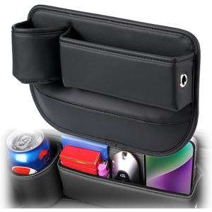 Car Seat Gap Filler, Leather Car Seat Gap Organizer, Automotive Side Seat Storage Box with Cup Holders, Gap Filler for Car, Car Accessories Seat Gap Filler (Driver Seat, Black)