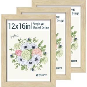 12x16 Picture Frame 3 Pack, Oak Wood, Real Glass, Wall Hanging