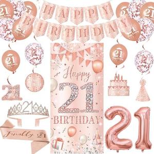Trgowaul Rose Gold 21st Birthday Decorations for Her, 21st Banner Backdrop, Sash and Crown, Balloons Hanging Swirls Kit, Pink 21 Number Balloons, 21 Year Old Birthday Set for Women
