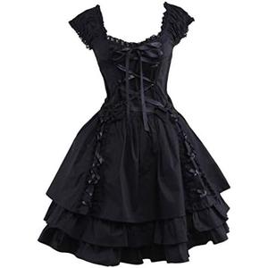 Ainclu Womens Classic Black Layered Lace-up Goth Lolita Dress Size 2 XL
