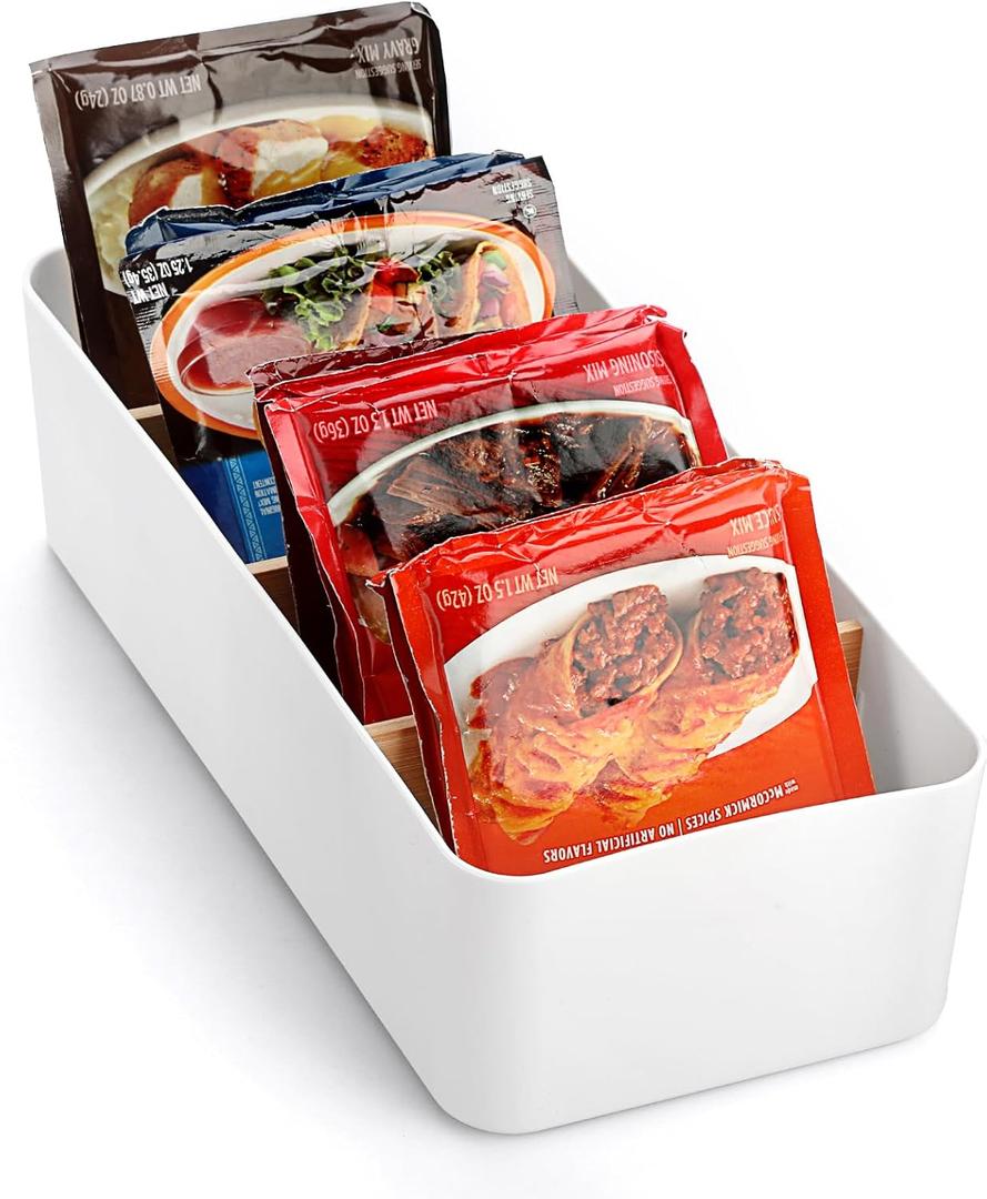 BSTKEY Seasoning Packet Organizer, Food Storage Organizer with Divided 4 Bamboo Wood Compartments, Plastic Storage Caddy for Kitchen Pantry Cabinet, Kitchen Organization Bin for Snacks Spice Packets (White), 10.4"L x 5"W x 3.1"H