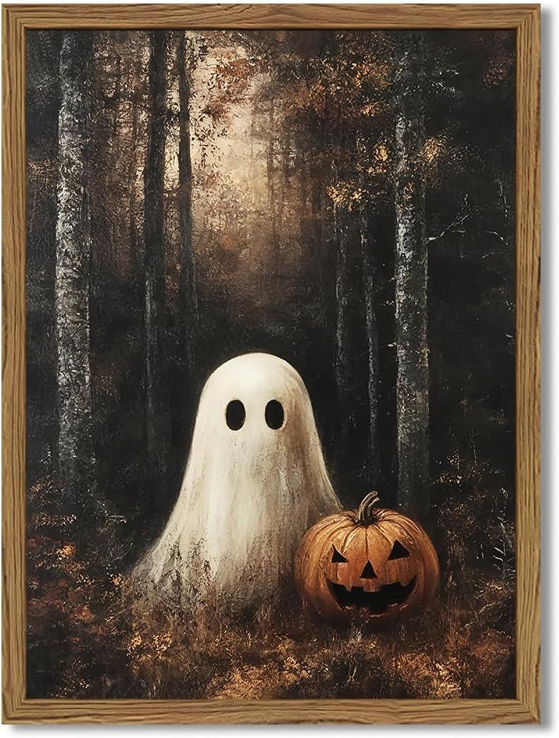 Framed Vintage Halloween Ghost Canvas Wall Art, Cute Ghost Pumpkin Wall Decor Paintings, Gothic Dark Academia Pictures Prints Spooky Fall Forest Home Decor for Living Room Bedroom 16x24 inch