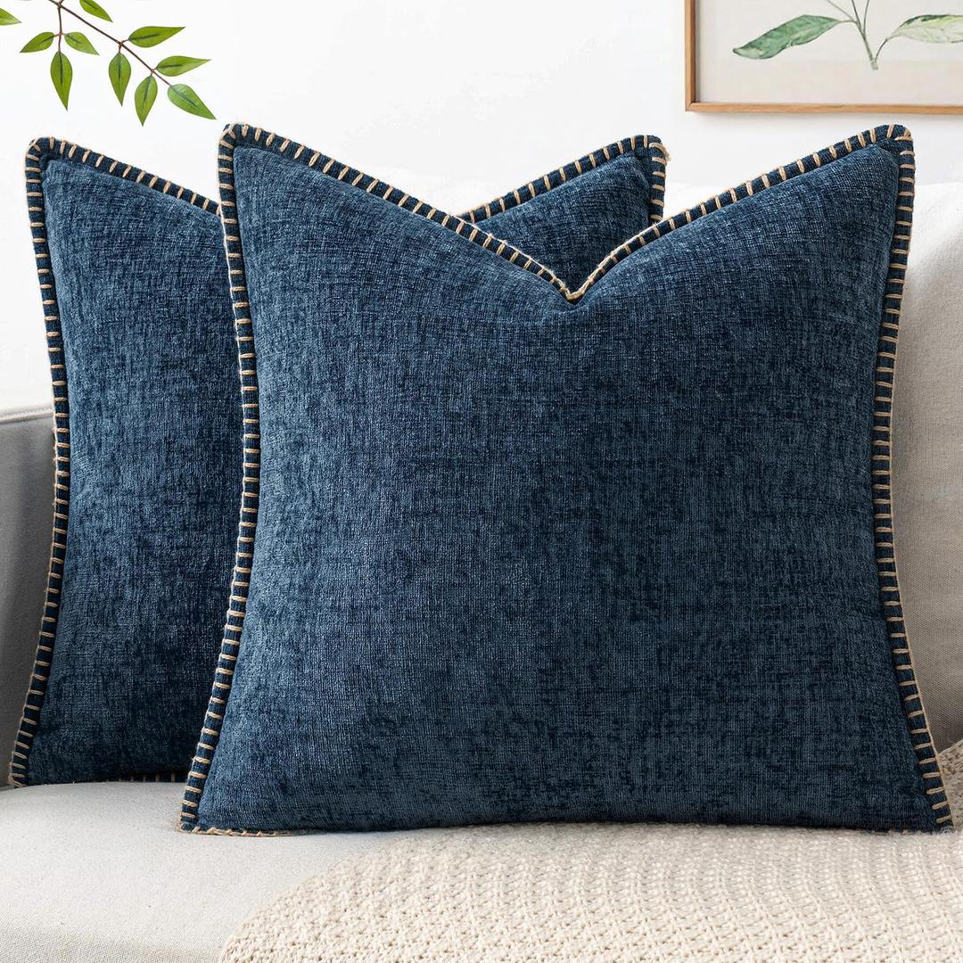 MIULEE Pack of 2 Couch Throw Pillow Covers 18x18 Inch Dark Blue Farmhouse Decorative Pillow Covers with Stitched Edge Soft Chenille Solid Dyed Pillow Covers for Sofa Bed Living Room