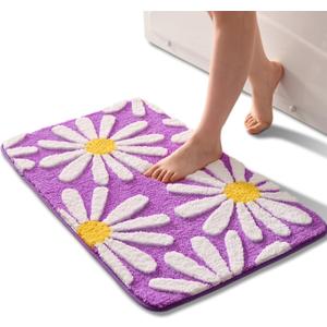 QJHOMO Purple Bathroom Rugs Cute Daisy Bath Mat White and Yellow Flower Decor Rug Non Slip Floor Carpet Microfiber Bathmat Super Absorbent Machine Washable Bathtub Mats for Shower (16x24 inch)