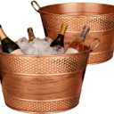 Beverage Tub Ice Bucket for Party, Thick Metal Galvanized Tub Drink Buckets, Beverage Bucket with Handles, Drink Bucket for Indoor & Outdoor Parties (2PCS Copper)