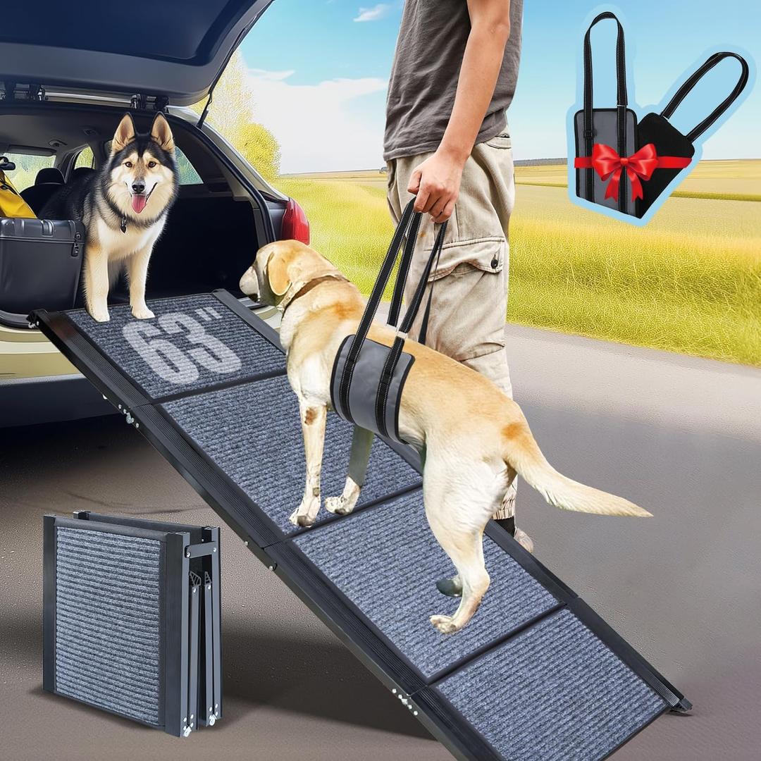 63" Long Dog Ramp for Car, Foldable Dog Ramps for Large Pet, Portable Dogs Ramp for Truck, 17" Wide Pet Car with Non-Slip Rug Surface, Pet Ramp for Large Dogs Up to 200LBS for Car, SUV & Truck-L