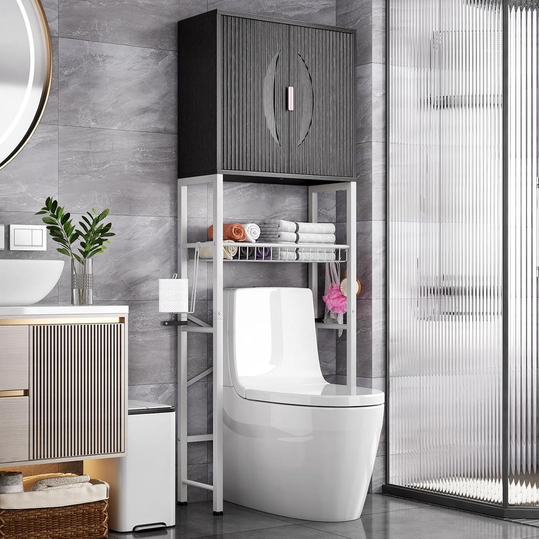 Kalrin Over The Toilet Storage Cabinet with Fluted Wave Doors and Adjustable Shelf, Wood Over Toilet Storage Rack with Drain Basket, Freestanding Bathroom Organizer for Balcony Laundry, Black & White, 23.62 inches x 9.45 inches x 66.54 inches