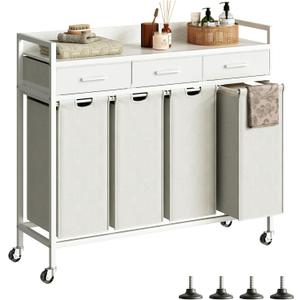 Herture Laundry Sorter 4 Section Laundry Hamper with Shelf, Durable 4 Section Laundry Basket with Rolling Wheels & Storage Drawers, 4 x 13.26 Gallons (50L), White PF10XLW