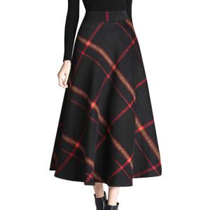 Tanming Women's Winter Warm Elastic Waist Wool Plaid A-Line Pleated Long Skirt XL