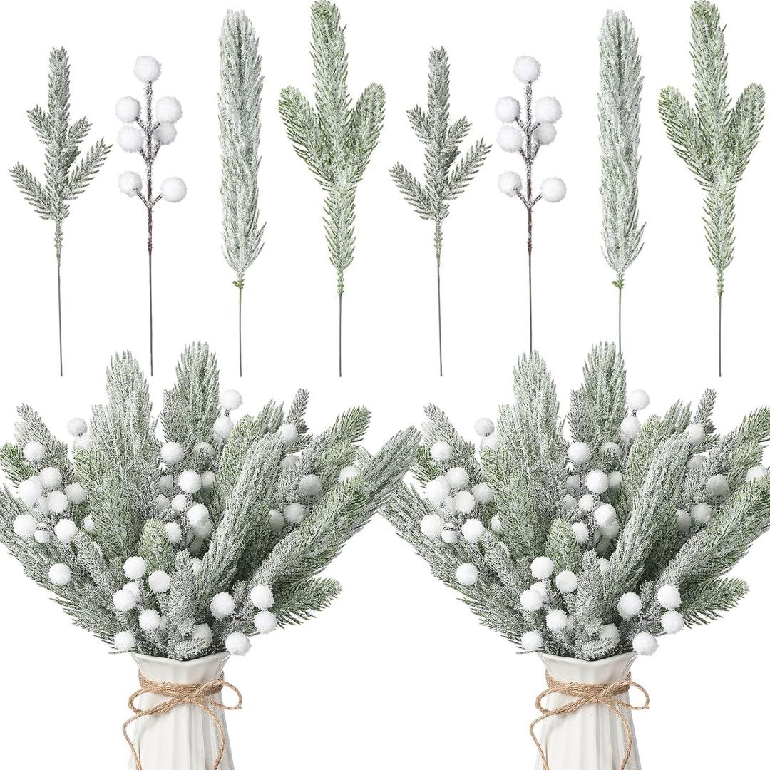 Giegxin 65 Pcs Christmas Snowy Branches Tree Picks White Artificial Floral Picks Fake Berry Pine Greenery Stems Christmas Snowy Pine Needles for Holiday Xmas Tree Wreath Garland Craft Decor