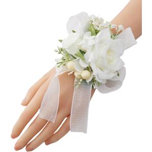 White Wrist Corsage for Women Bride Bridesmaids Wedding, Set of 6, Artificial Rose Corsages Wristlet for Prom Suit Accessories Bridal Shower Mother Homecoming Flowers Party Ceremony Anniversary