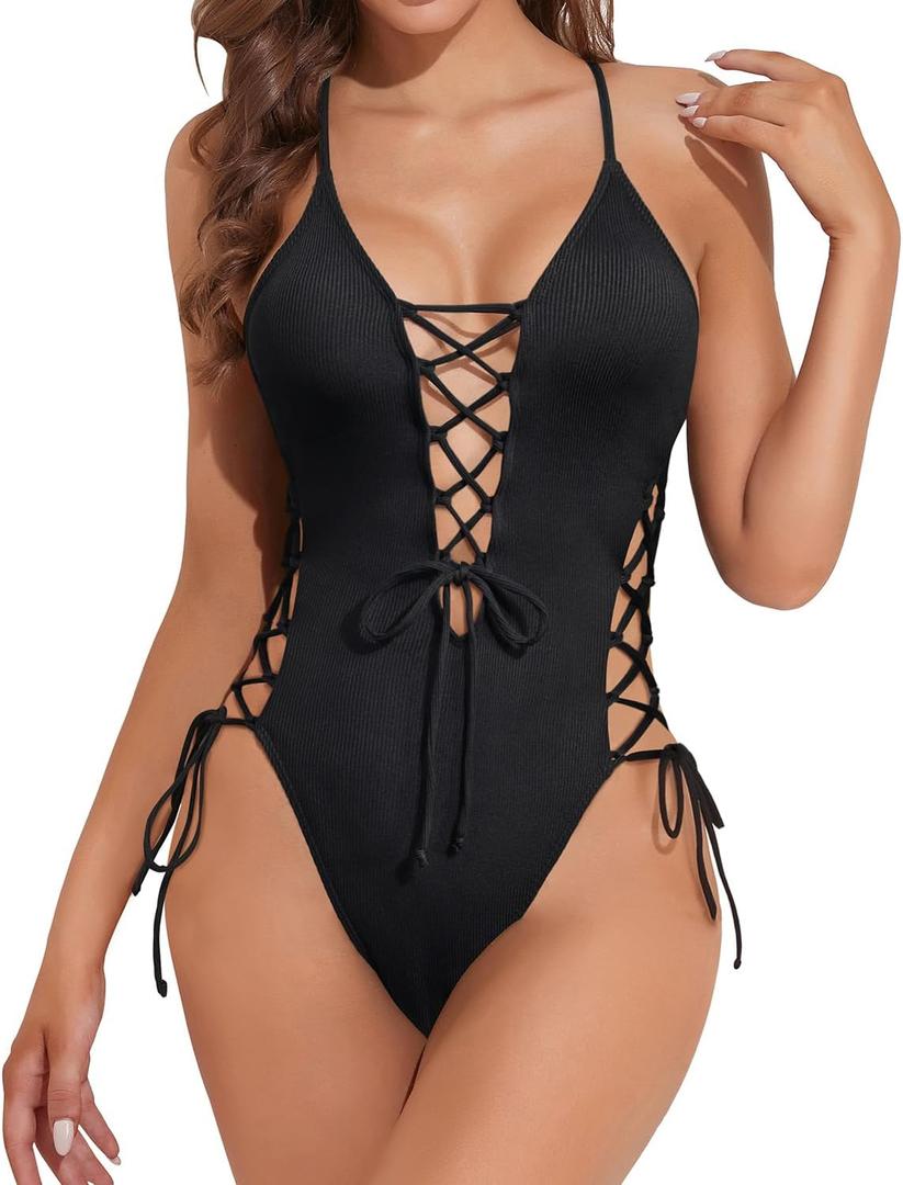 Tempt Me Women Sexy Lace Up One Piece Swimsuit Deep Plunge V Neck High Cut Bathing Suits (Large, Black)