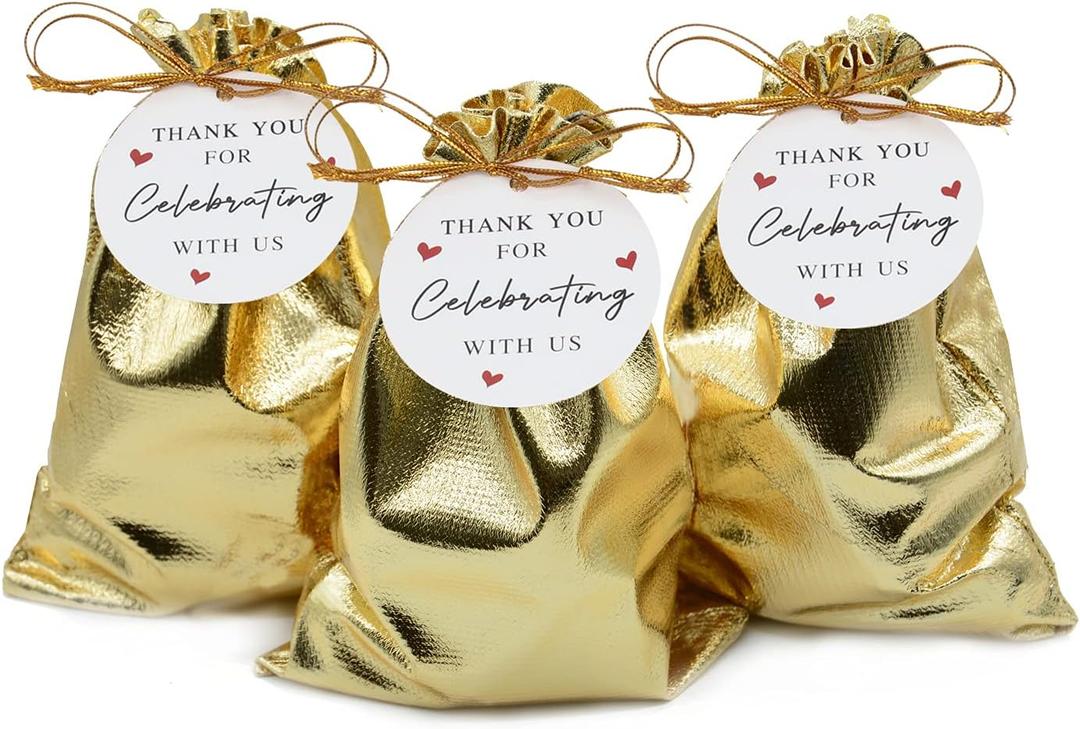 Pack of 100 6"x 8" Heavy Duty Gold Drawstring Bags With Tags, Pouches Wedding Party Christmas Favor Gift Candy Chocolate Bags (Gold, 6"x 8")