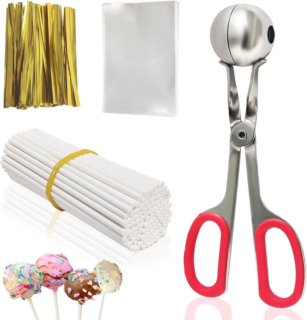 Cake Pop Sticks and Wrappers, Cake Pop Maker Set Include 100 Cake Pop Bags, Lollipop Sticks and Gold Metallic Twist Ties Meat Baller with One Handles Cake Pops Making Tools for Candies and Chocolates