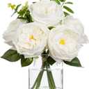 Hollyone Real Touch Peonies Artificial Flowers Arrangements in Vase White Fake Peonies with Glass Vase Silk David Austin Roses Faux Flowers with Clear Faux Water Bouquet Table Centerpiece Home Decor