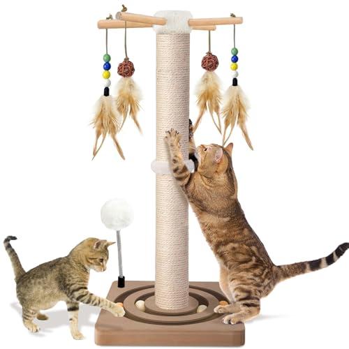 PAROTO Cat Scratching Post, Sisal Cat Tree Tower Scratcher for Indoor Cats Adults with Interactive Toys, Double Ball Track, 2 Mounting Methods, 25 inches