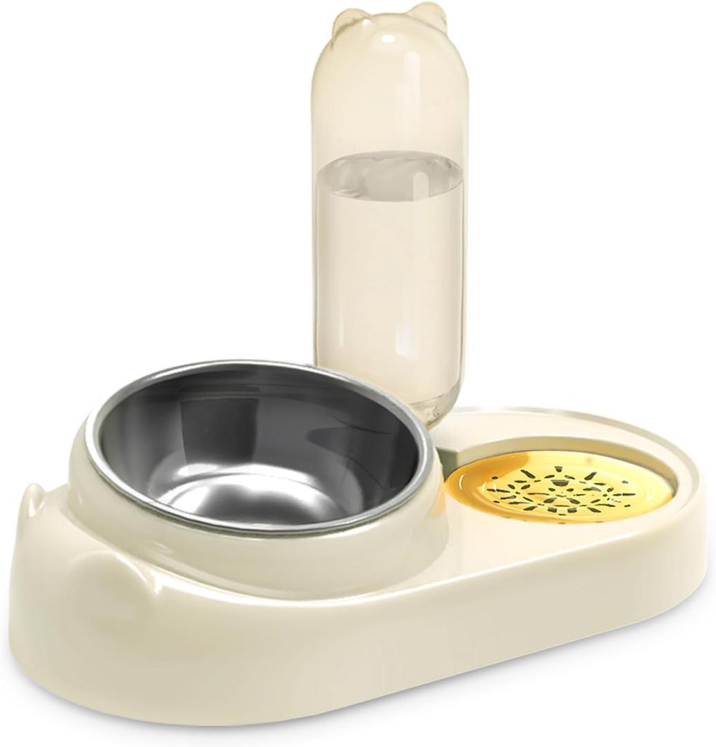 Marchul Cat Bowl - Stainless Steel Tilted Food and Water Set With Gravity Water Bowl - Raised Dish for Cats and Small Dogs (Stainless Steel Double Bowls)
