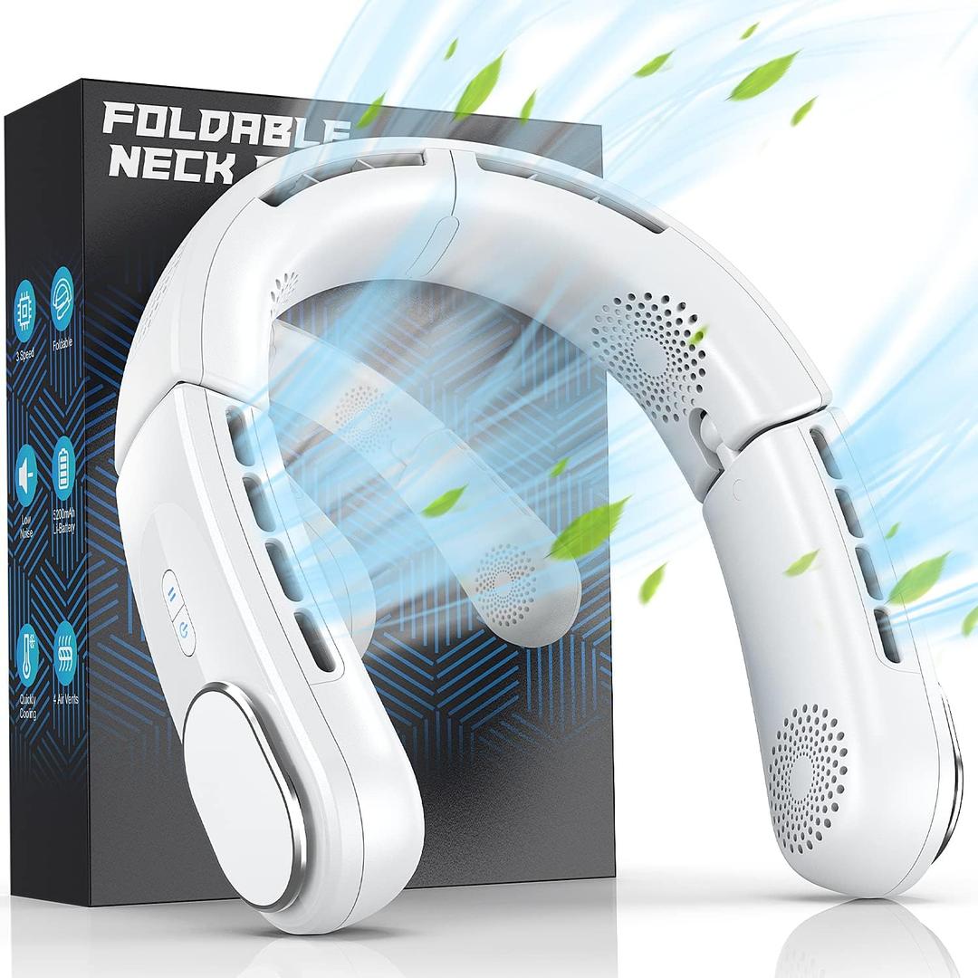 ChillGo Neck Fan - 4 Turbo Foldable Portable Fan - Personal Bladeless Fan 5200mAh with Strong Airflow, 4 Vent Air Conditioner, Wearable Cooling Fan for Travel Outdoor (White)