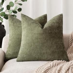 Foindtower Pack of 2 Soft Textured Chenille Throw Decorative Pillow Covers Square Accent Solid Cushion Cover Cozy Neutral Farmhouse Pillow Case for Couch Sofa Bedroom Living Room 20x20 Inch,Dark Green (Chive)