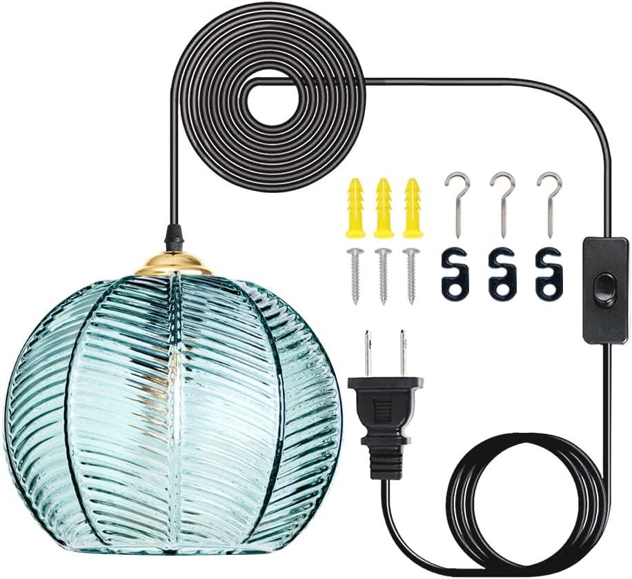 Plug in Glass Pendant Light Mid-Century Modern Striped Glass Hanging Ceiling Lighting Fixture with 14.7FT Cord, Globe Decor Chandelier for Living Room, Bedroom, Dining Hall, Kitchen (Green)
