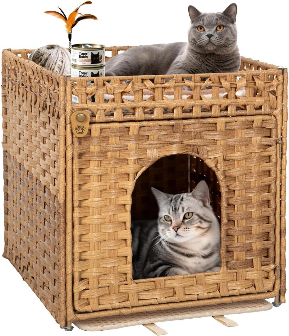 Handwoven Rattan Cat Litter Box Enclosure Furniture - Hidden Cabinet with Odor-Control Mat, Anti-Spill Fence & Secure S-Hooks for Living Room/Bedroom, 18.2"x18.2"x24.5" (Natural)